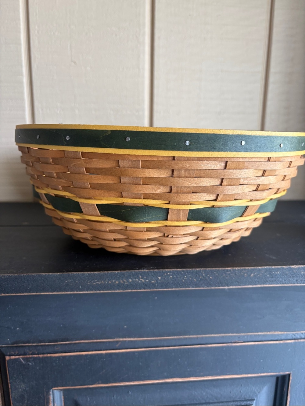 Longaberger Brown Basket with Green and Gold Trim